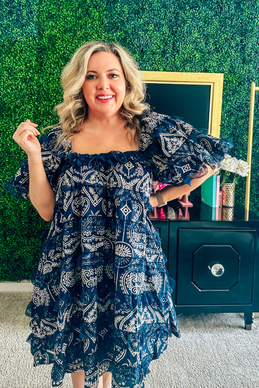 Marnie Blue Lace-Trimmed Boho Dress