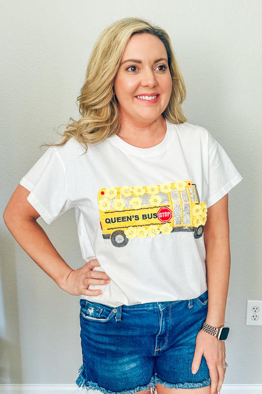 Queen of Sparkles White & Yellow Sequin Flower School Bus Tee
