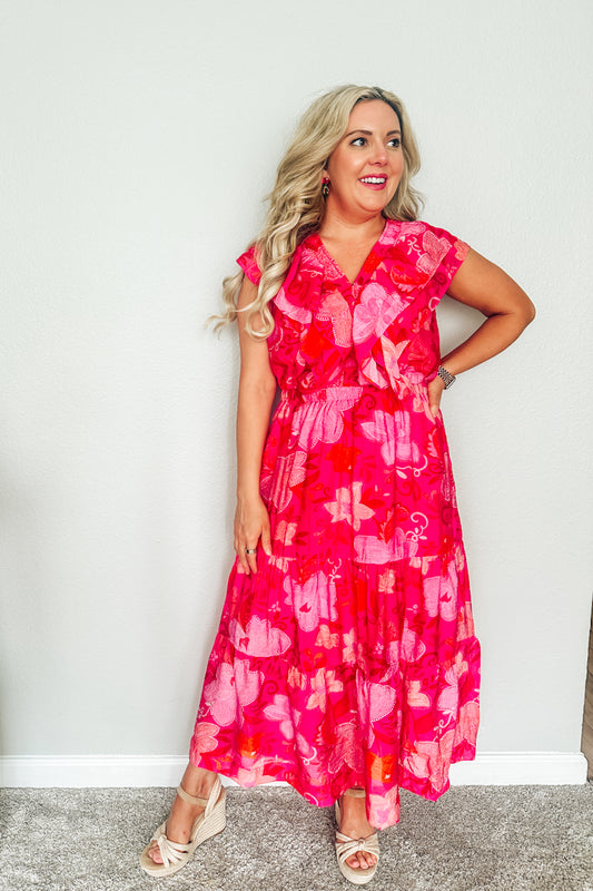 Sunset Hibiscus Ruffled Dress