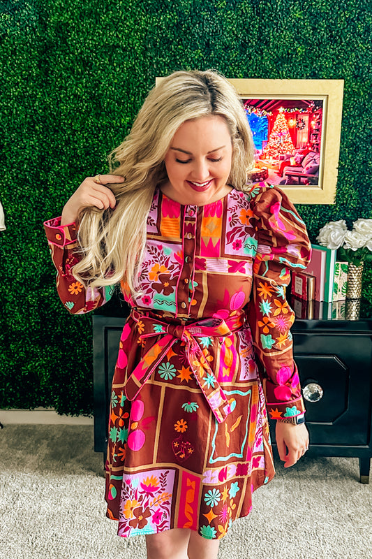 Karlie Floral Frame Puff Sleeve Shirt Dress