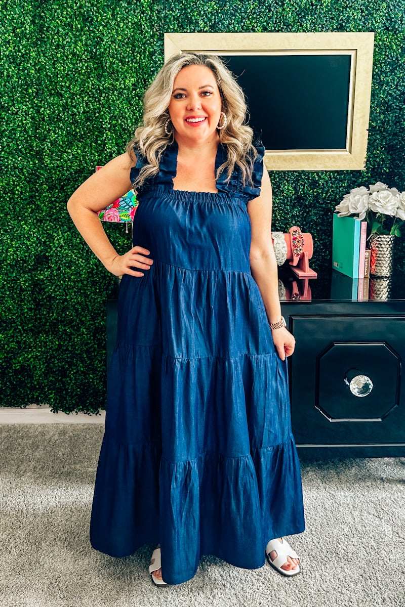 Cassie Chambray Flutter Sleeve Maxi