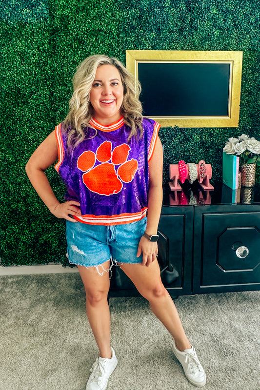 Queen of Sparkles Clemson Full Sequin Mascot Tank