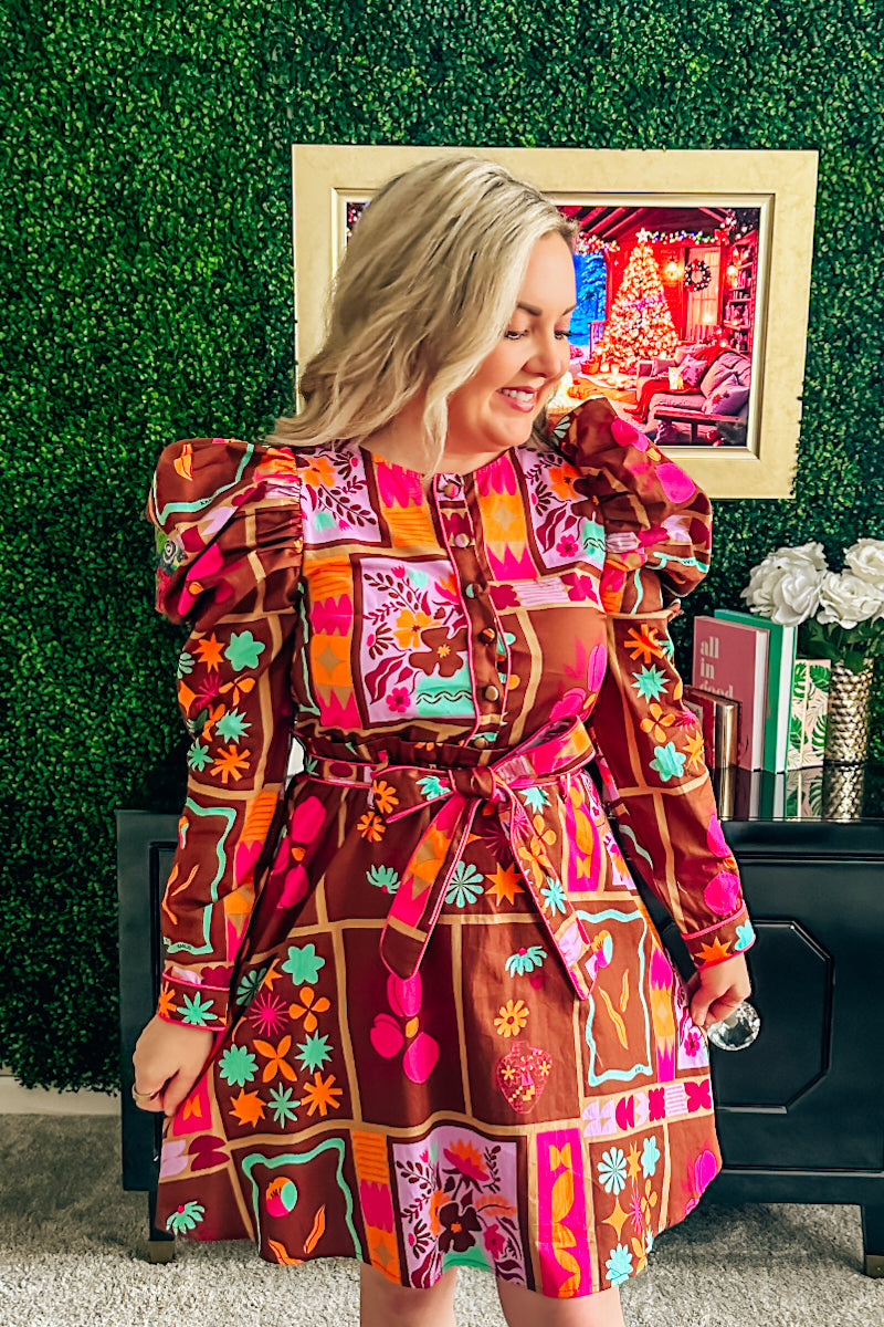 Floral Frame Puff Sleeve Shirt Dress by Karlie Medium