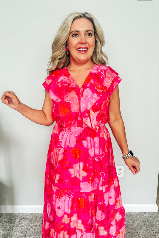 Sunset Hibiscus Ruffled Dress