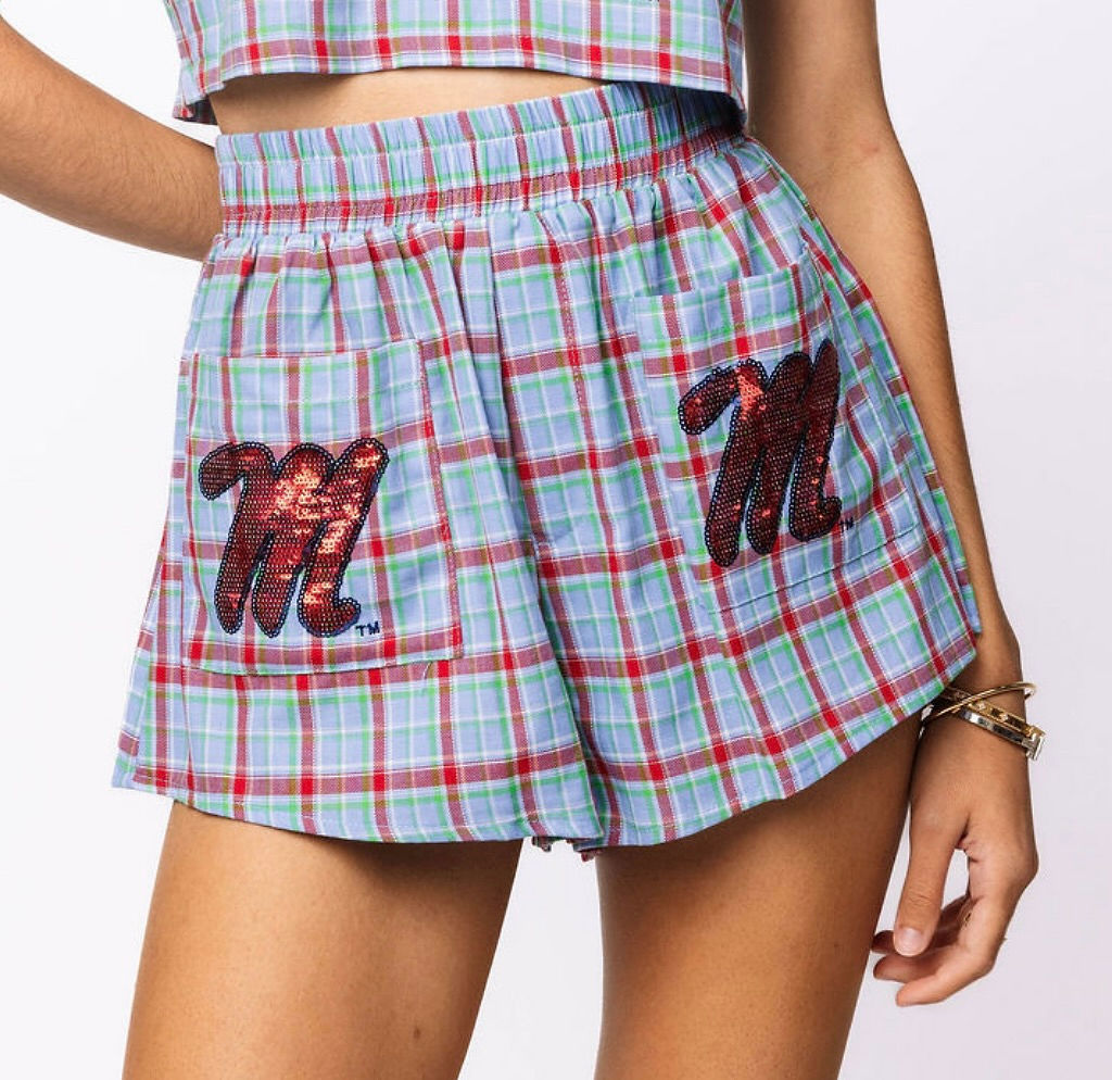 Queen of Sparkles Ole Miss Powder Blue Plaid Mascot Pocket Shorts