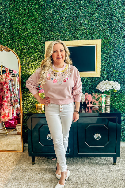 Queen of Sparkles Pink Pearl & Chain V-Day Charm Necklace Sweatshirt