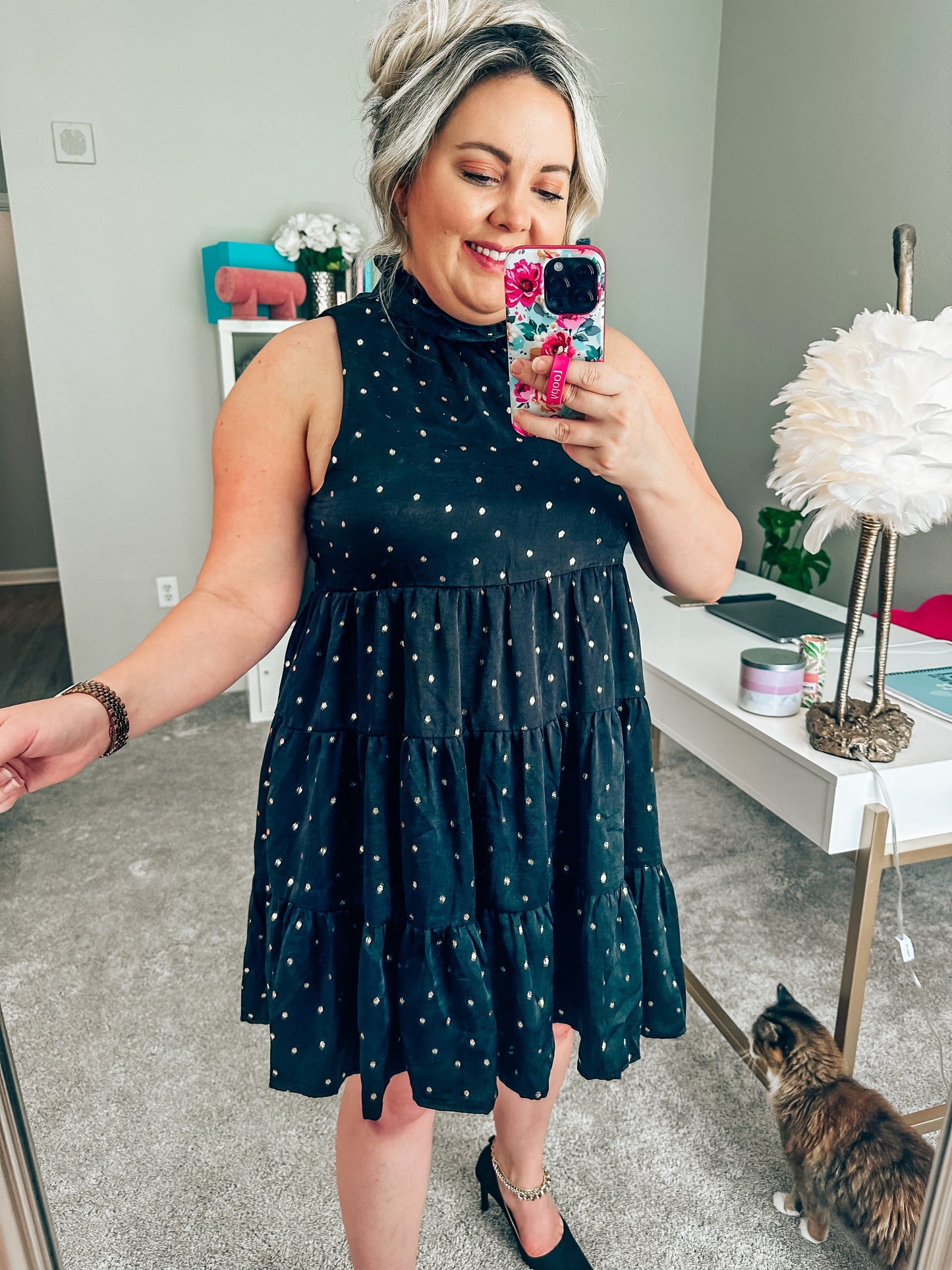 "Breakfast at Tiffanys" Shimmer Gold Polka Dot Dress