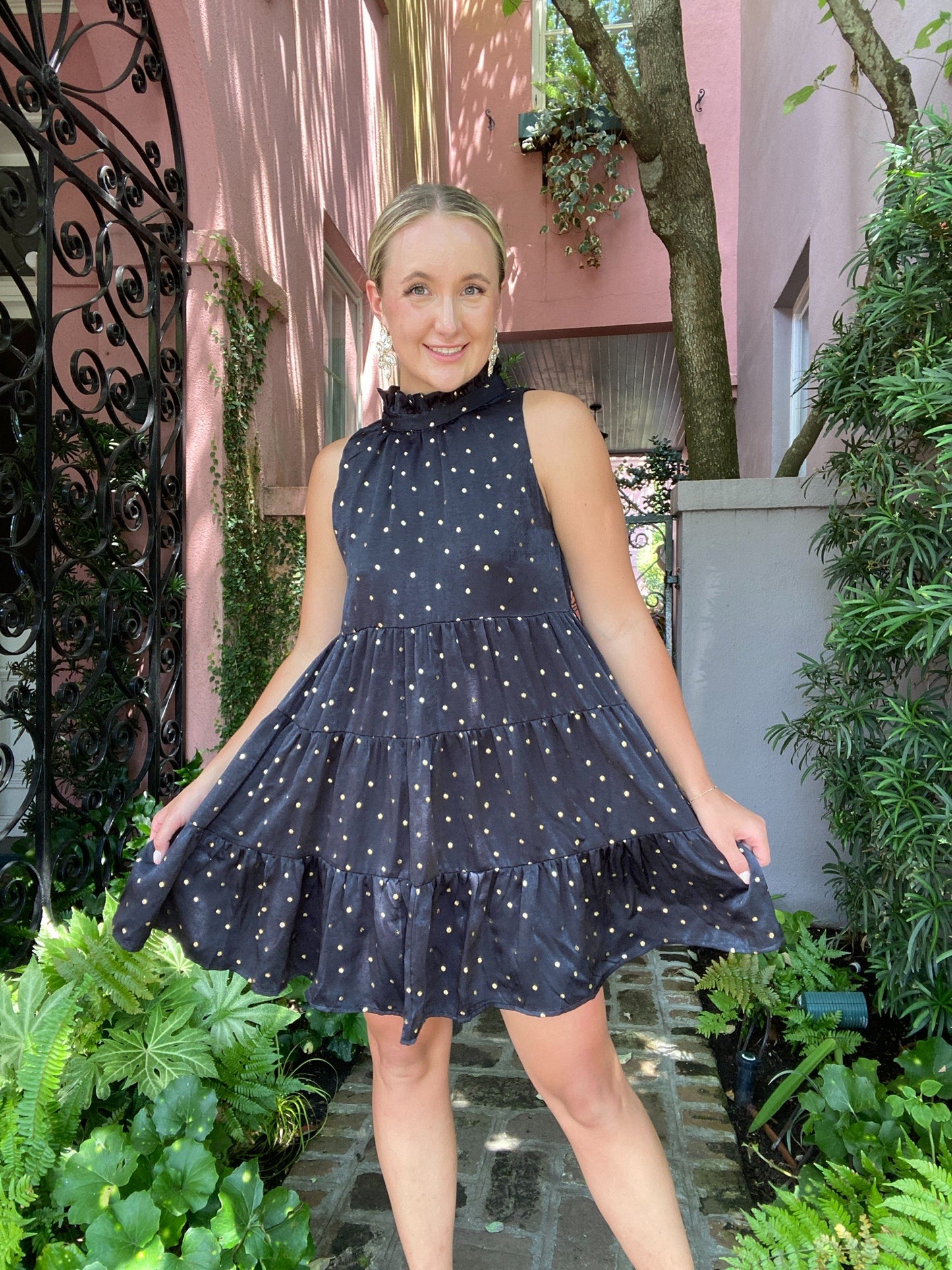 "Breakfast at Tiffanys" Shimmer Gold Polka Dot Dress