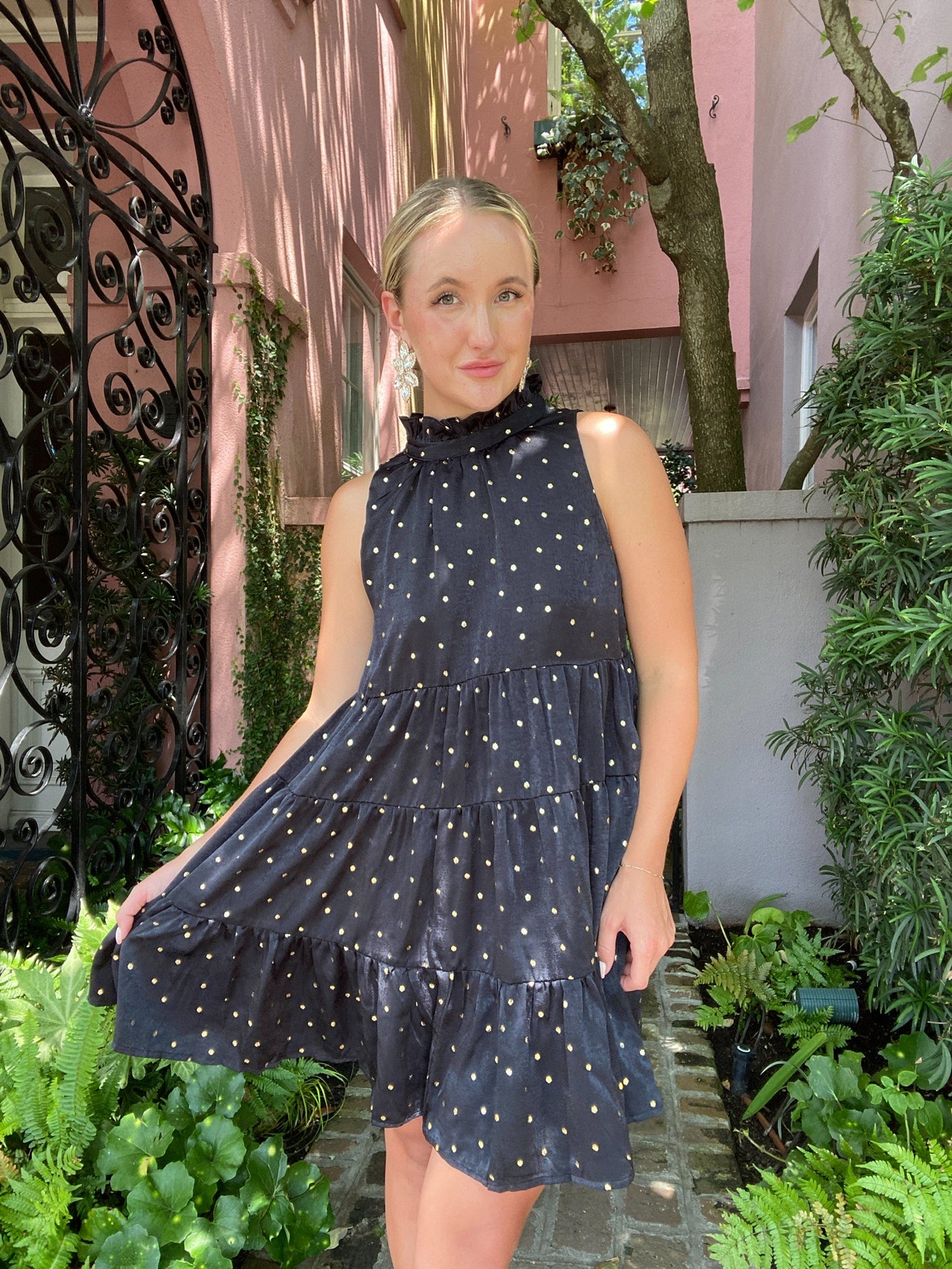 "Breakfast at Tiffanys" Shimmer Gold Polka Dot Dress