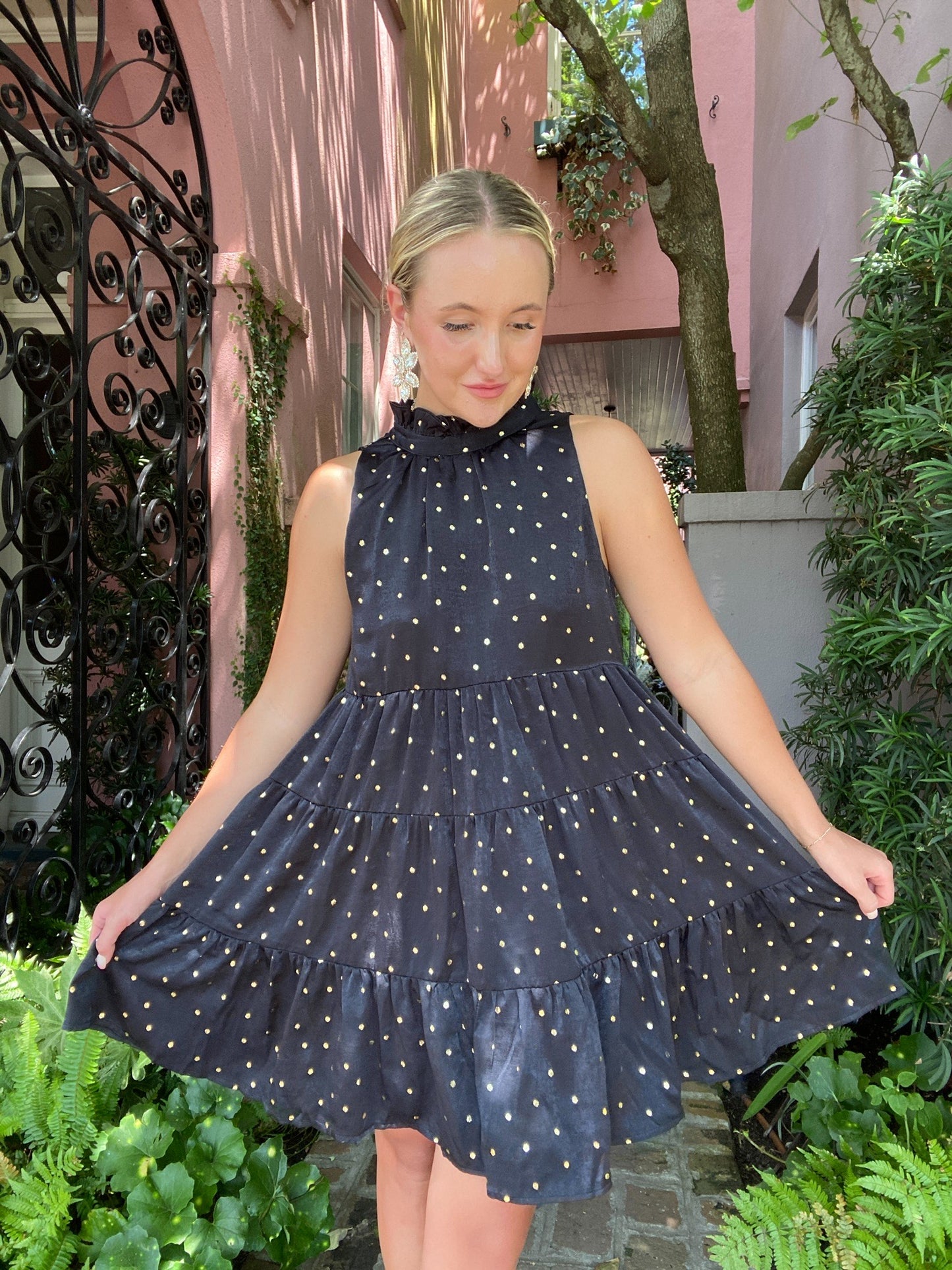 "Breakfast at Tiffanys" Shimmer Gold Polka Dot Dress