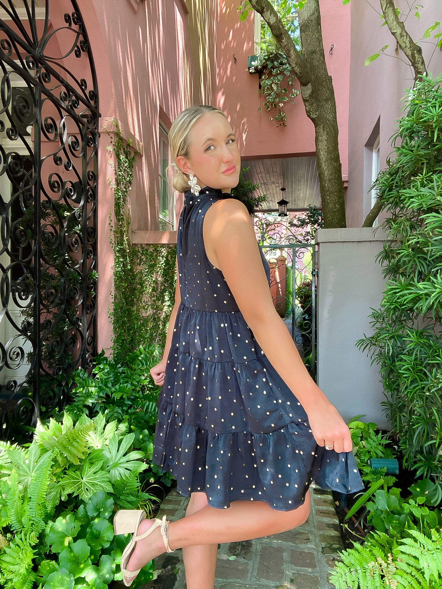 "Breakfast at Tiffanys" Shimmer Gold Polka Dot Dress