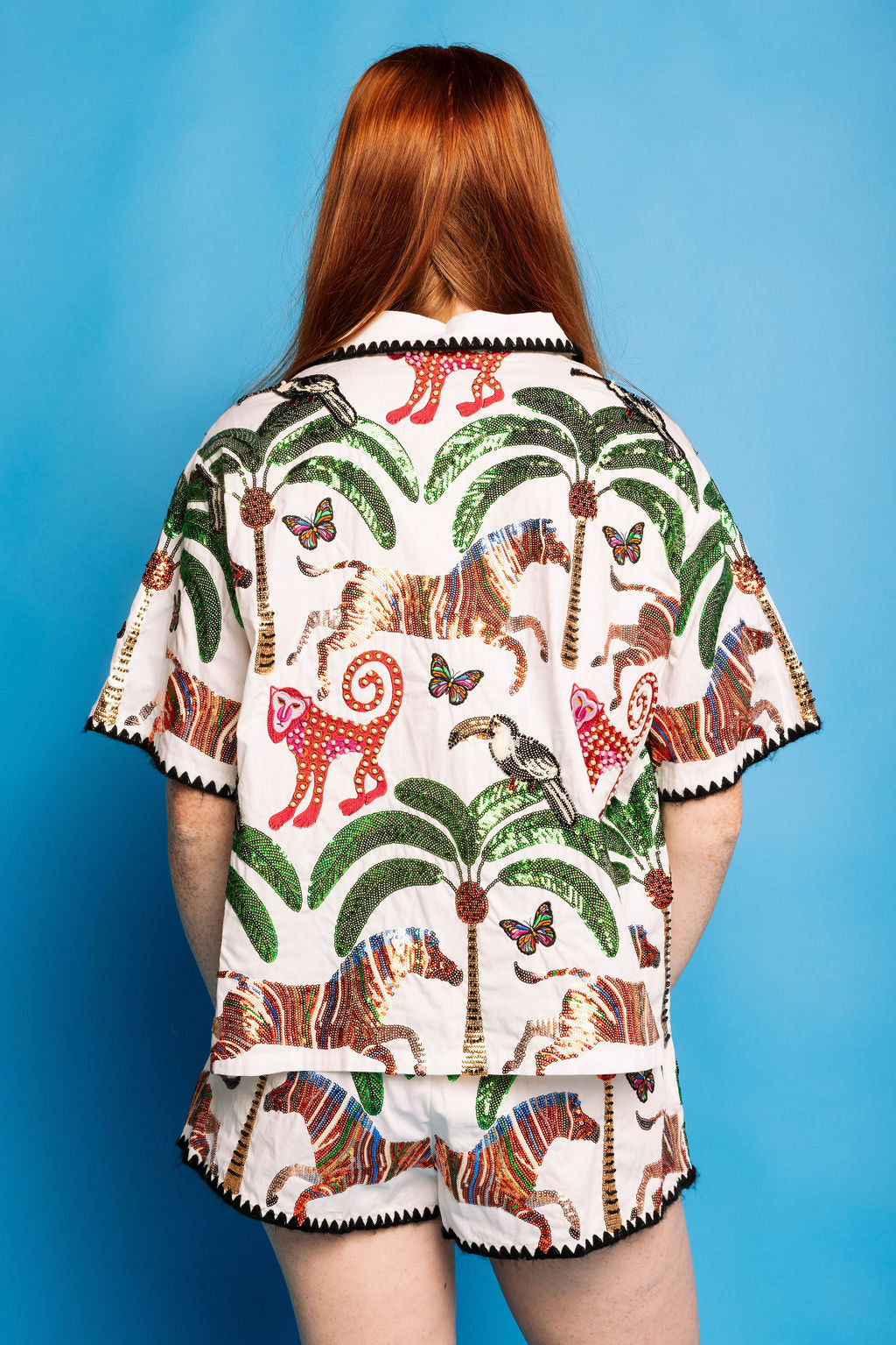 Queen of Sparkles White & Black Trim Safari Button Up Top