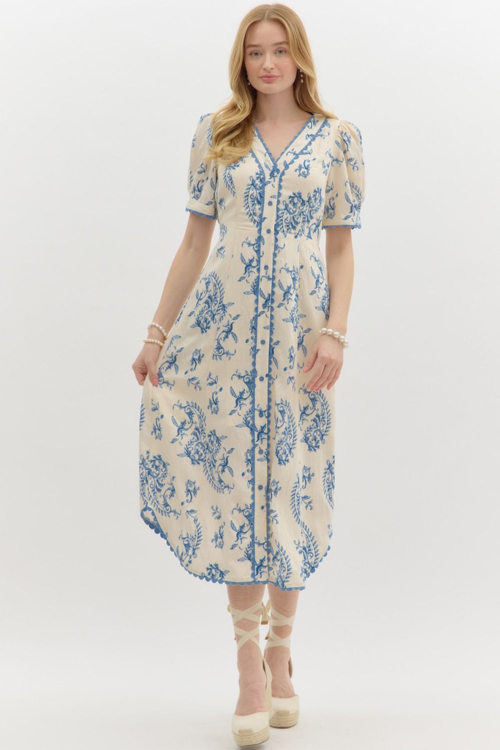 white button down dress with blue floral paisley pattern women's clothing boutique