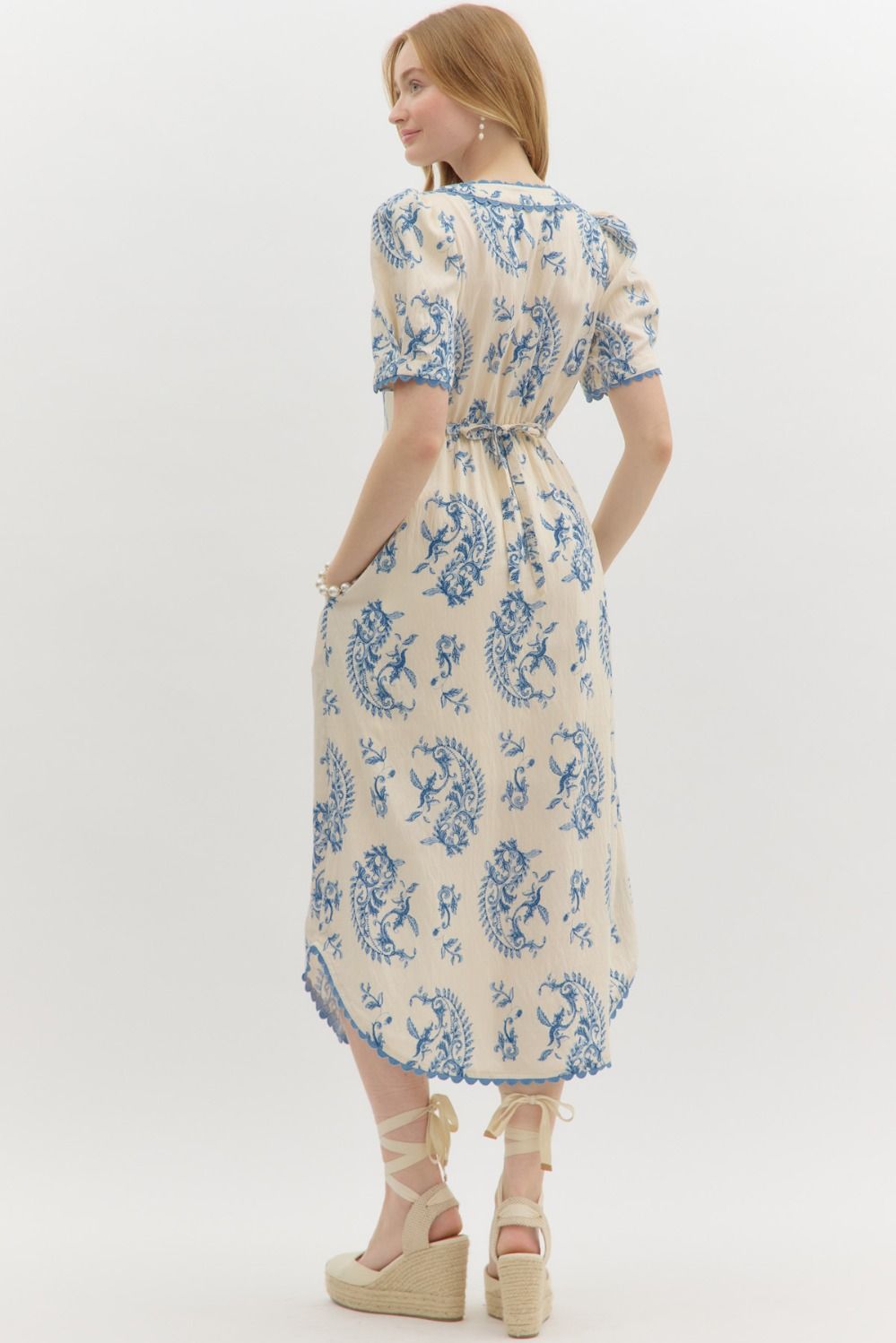 white button down dress with blue floral paisley pattern women's clothing boutique