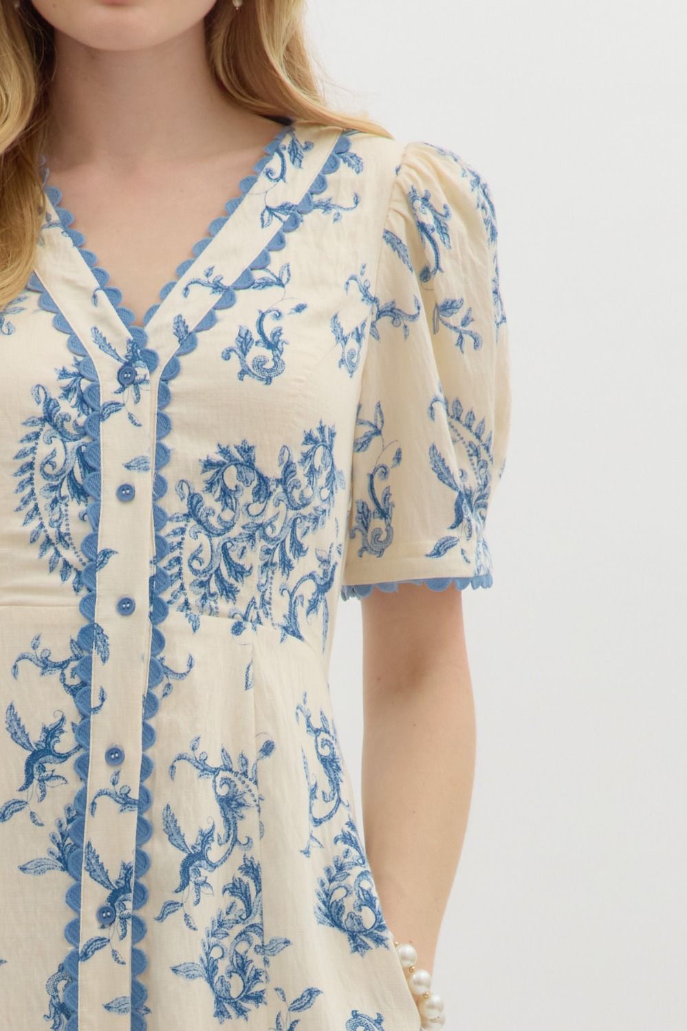 white button down dress with blue floral paisley pattern women's clothing boutique
