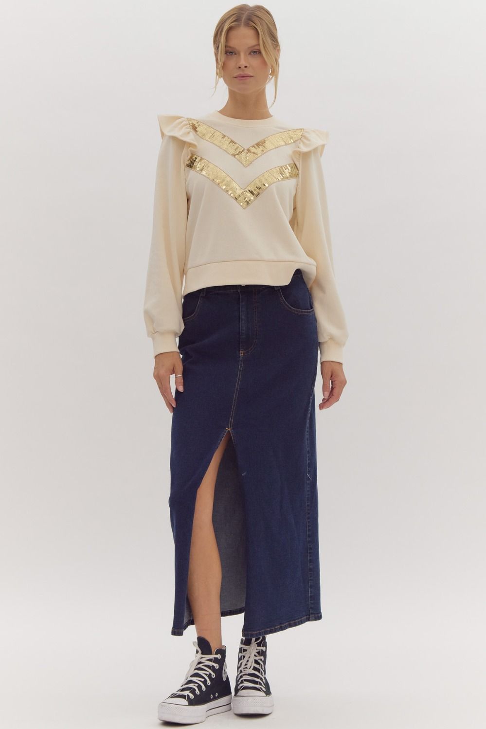 "Margaret" Gold Sequin Ruffle Sweatshirt