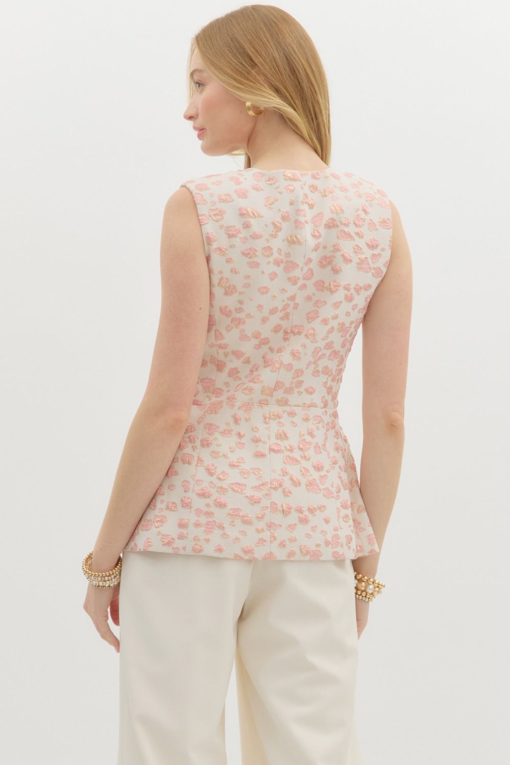 light pink & gold leopard print jacqard button-down vest top from Women's clothing boutique The Dadgum Debutante Boutique, featurig gold buttons.