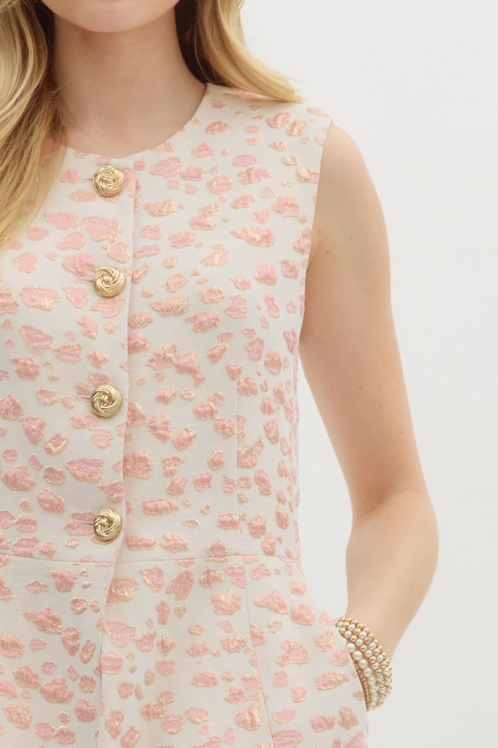 light pink & gold leopard print jacqard button-down vest top from Women's clothing boutique The Dadgum Debutante Boutique, featurig gold buttons.