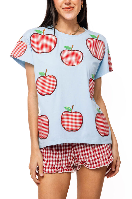 Queen of Sparkles Light Blue & Red Gingham Apple Tee