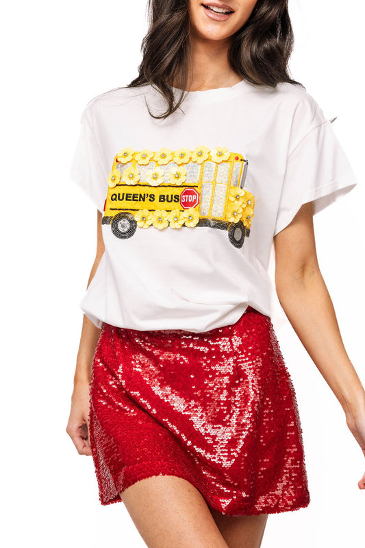 Queen of Sparkles White & Yellow Sequin Flower School Bus Tee