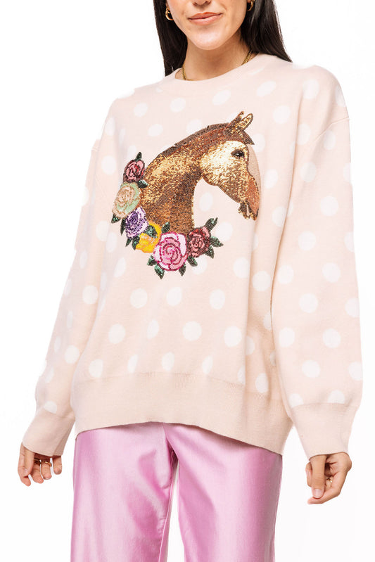 Queen of Sparkles Tan Polka Dot Horse with Rose Wreath Sweater