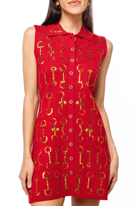 Queen of Sparkles Red & Gold Horse Bit Knit Sleeveless Collar Dress