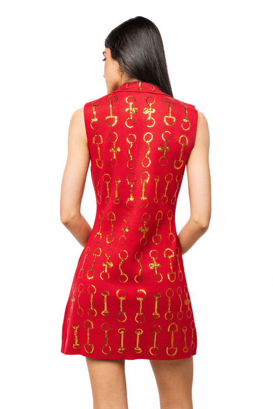 Queen of Sparkles Red & Gold Horse Bit Knit Sleeveless Collar Dress