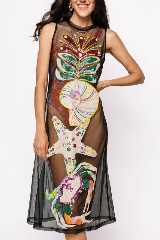 Queen of Sparkles Black Mesh Multi Shell Coverup Midi Dress