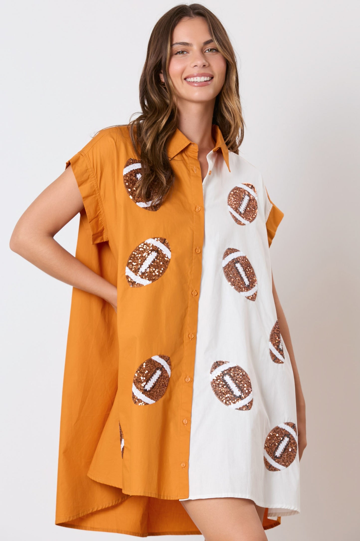 "Morgan" Orange & White Sequin Football Gameday Dress