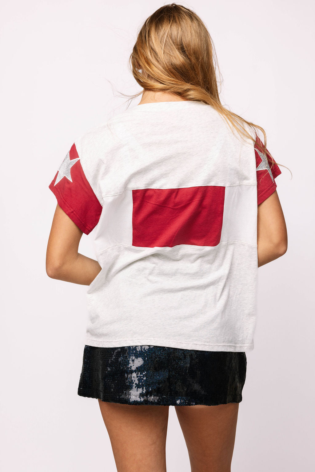 Queen of Sparkles University of Alabama Crimson Tide t-shirt, featuring sequin design of stadium and elephant mascot, from women's clothing boutique