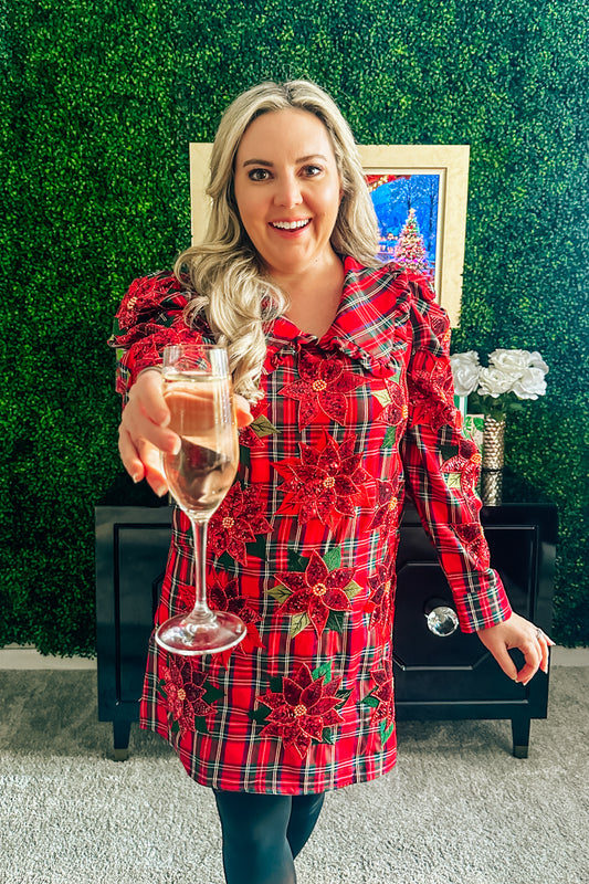 Queen of Sparkles Red Plaid Poinsettia Oversized Collar Poof Sleeve Dress