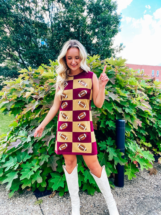Queen of Sparkles Maroon & Gold Checkered Football Dress