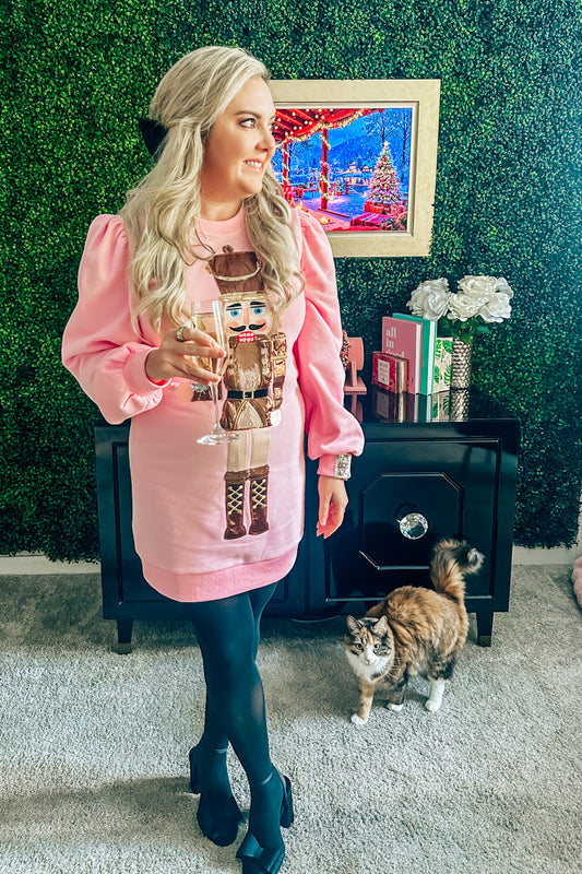 Queen of Sparkles Light Pink & Brown Nutcracker Serving Cocktail Sweatshirt Dress