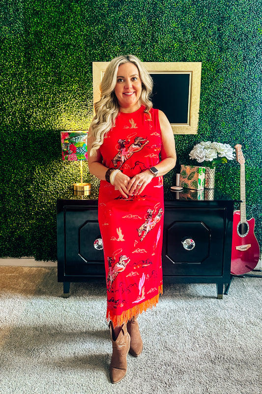 Queen of Sparkles Red Bucking Cowgirl Fringe Bottom Midi Dress