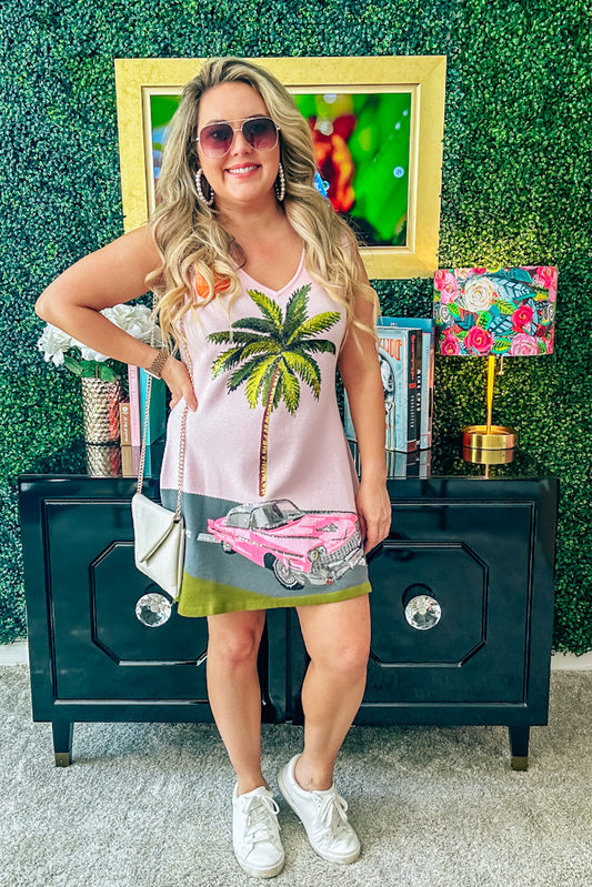 Queen of Sparkles Light Pink Vintage Car On Street With Palm Tree Sweater Dress