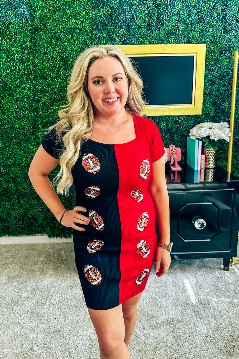 "Megan" Red & Black Sequin Football Gameday Dress