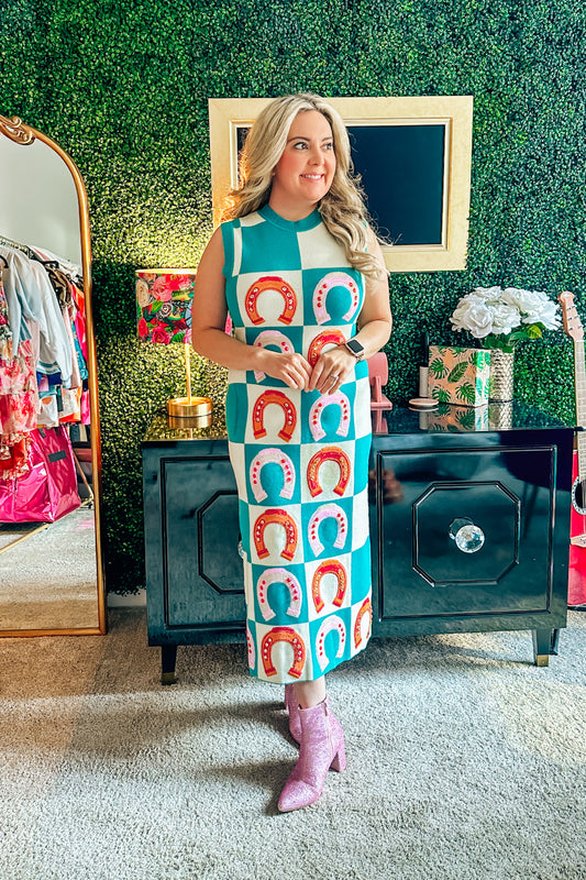 Queen of Sparkles Teal Checkered Horseshoe Knit Maxi Dress