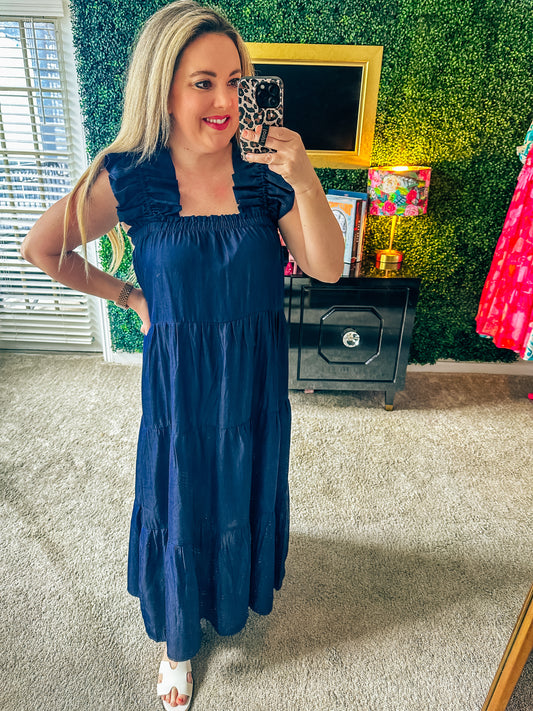 Cassie Chambray Flutter Sleeve Maxi