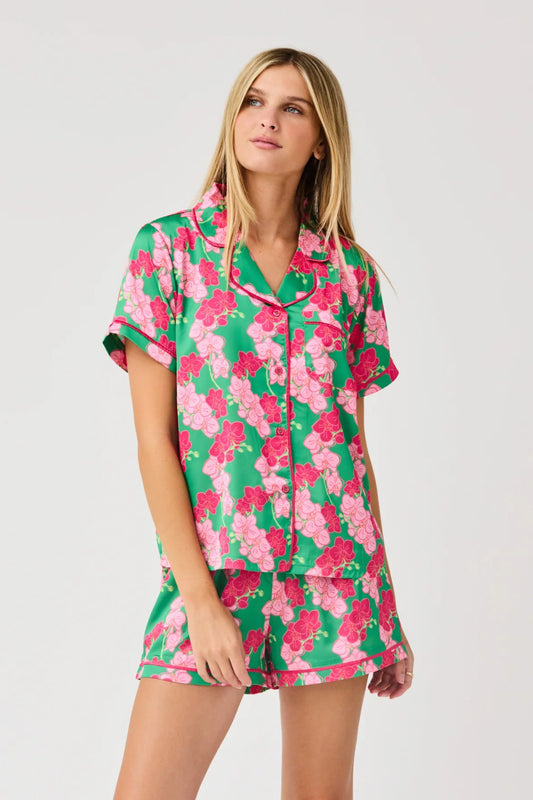 Mary Square Charlotte Set in Orchid Reverie Green Satin