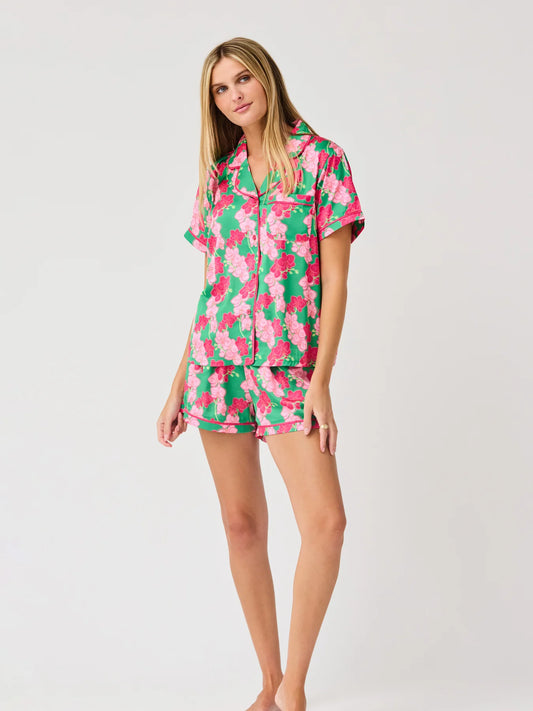 Mary Square Charlotte Set in Orchid Reverie Green Satin