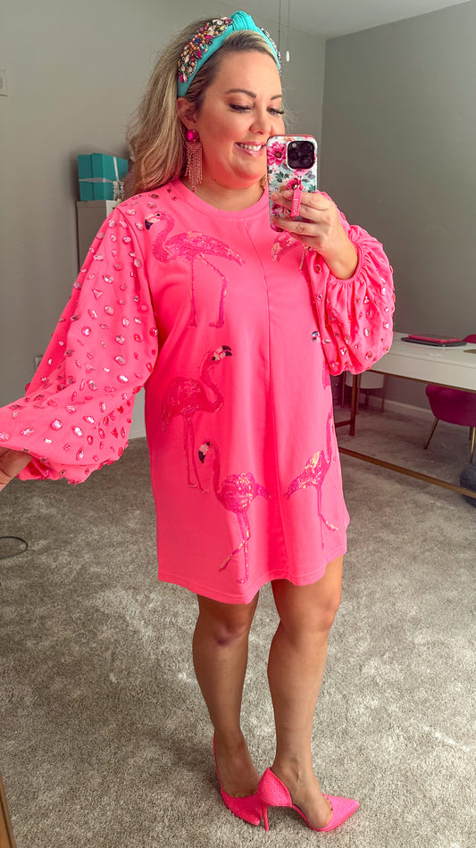 Queen of Sparkles Neon Pink Flamingo Rhinestone Sleeve Dress