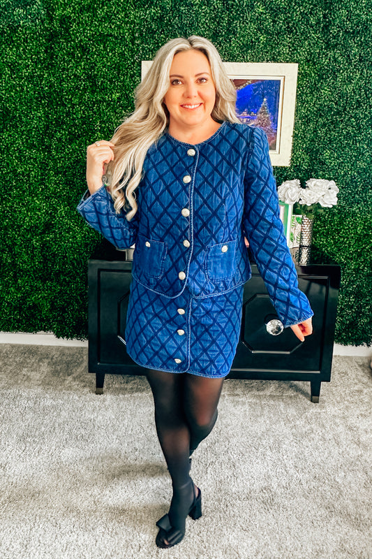 The Chateau Indigo Denim Quilted Skirt