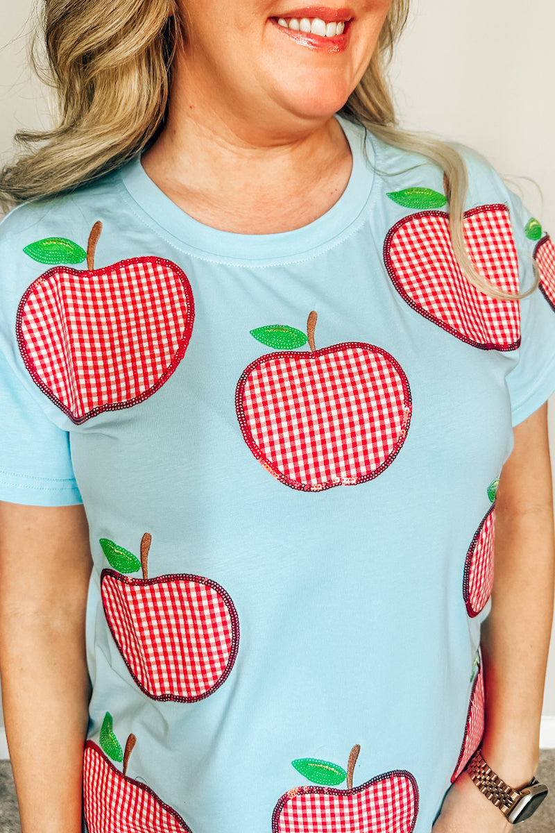 Queen of Sparkles Light Blue & Red Gingham Apple Tee