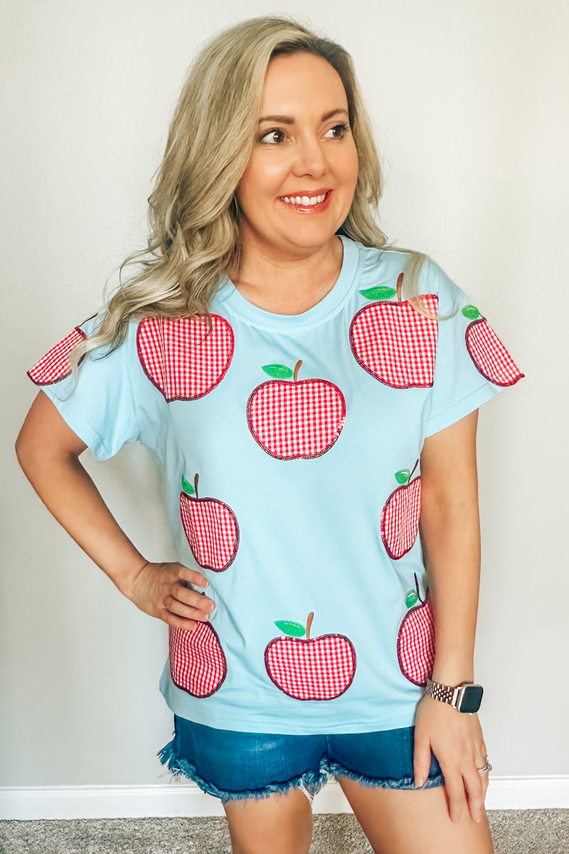Queen of Sparkles Light Blue & Red Gingham Apple Tee