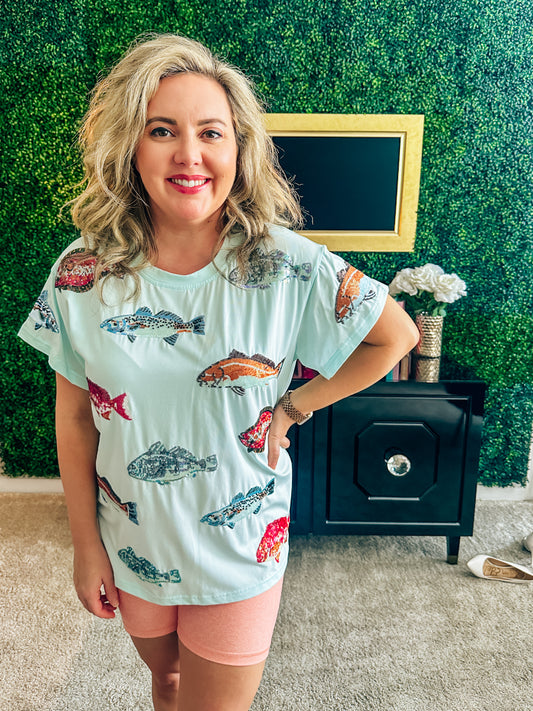 Queen of Sparkles Mint Multi Fish Tee