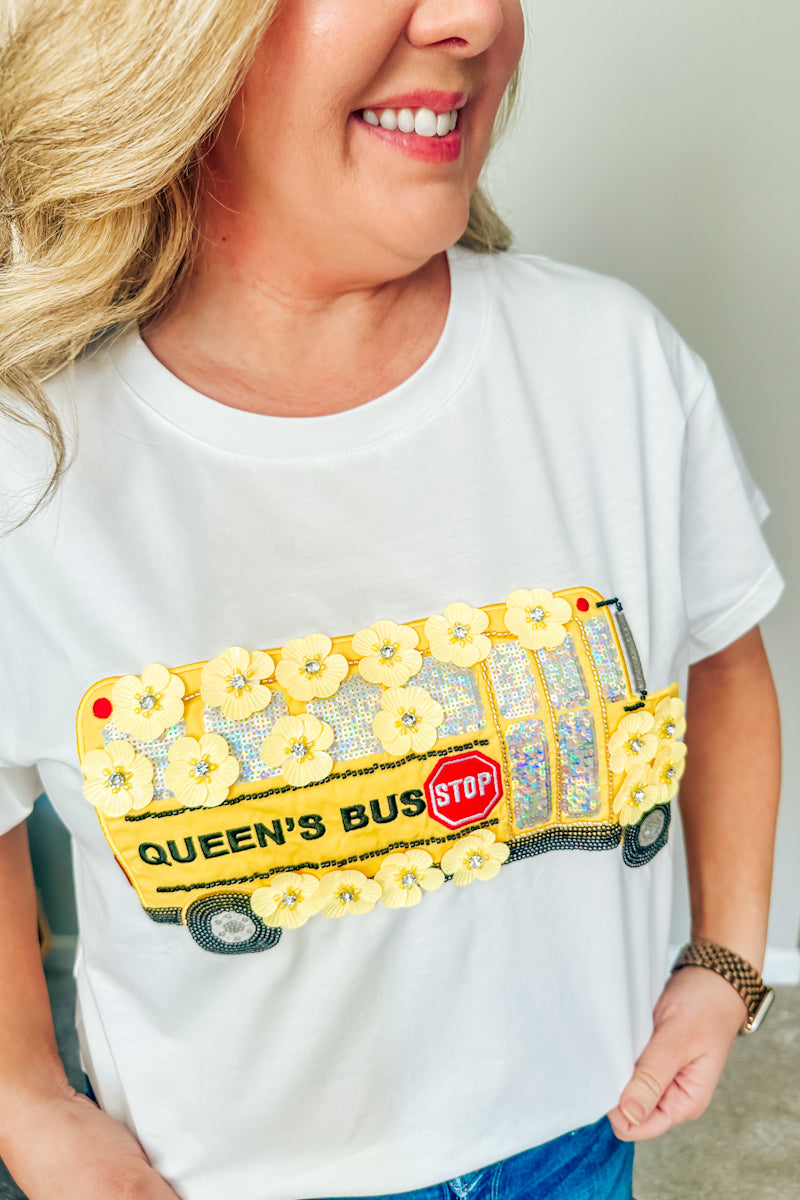 Queen of Sparkles White & Yellow Sequin Flower School Bus Tee