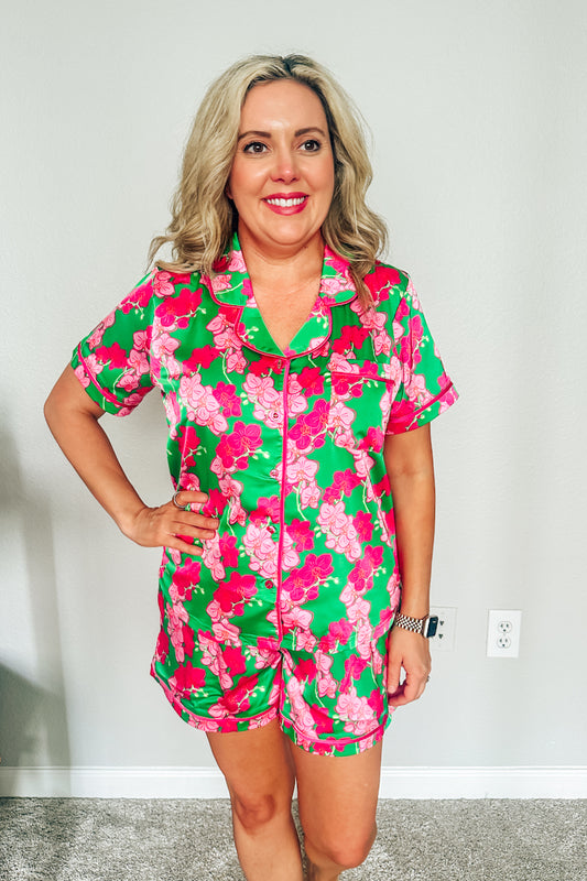 Charlotte Satin Pajama Set by Mary Square - "Orchid Reverie Green"