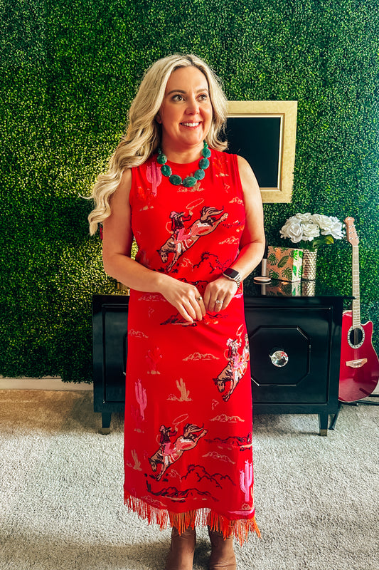 Queen of Sparkles Red Bucking Cowgirl Fringe Bottom Midi Dress