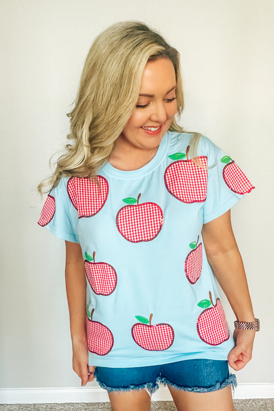 Queen of Sparkles Light Blue & Red Gingham Apple Tee