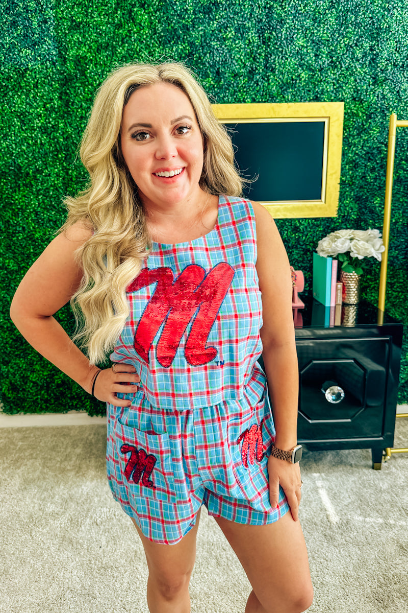 Queen of Sparkles Ole Miss Powder Blue Plaid Mascot Cutout Top